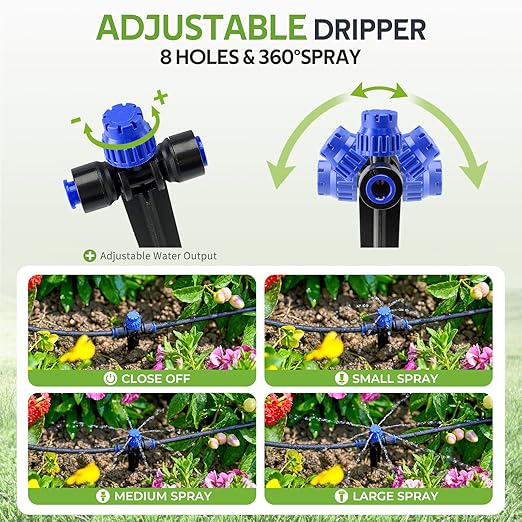 HIRALIY 100FT Garden Watering System Automatic Drip Irrigation Kit with Adjustable Flow Nozzles 5-Way Connector Plastic Material Modern Style Ideal for Lawn Patio Garden Raised Bed