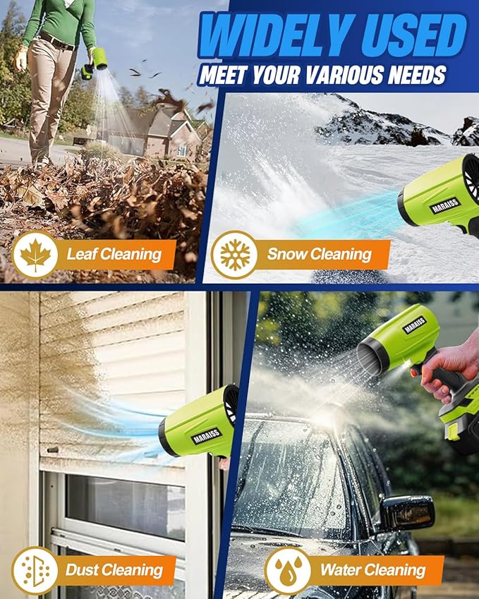 Cordless Leaf Blower with 2 X 4.0A 20000mAh Batteries Brushless Motor Lightweight Low Decibel Turbo Jet Blower with Pro Earplugs for Patio CleaningCar Blowing Water Blowing Leaves and Dust (Green)
