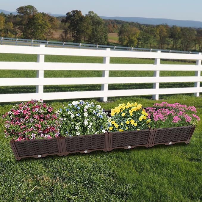 61x15x8.6in Raised Garden Bed Outdoor Elevated Plastic Planting Planter Boxes for Backyard Patio Balcony Floor Standing Rectangular Garden Box Kits with Drainage System -Coffee