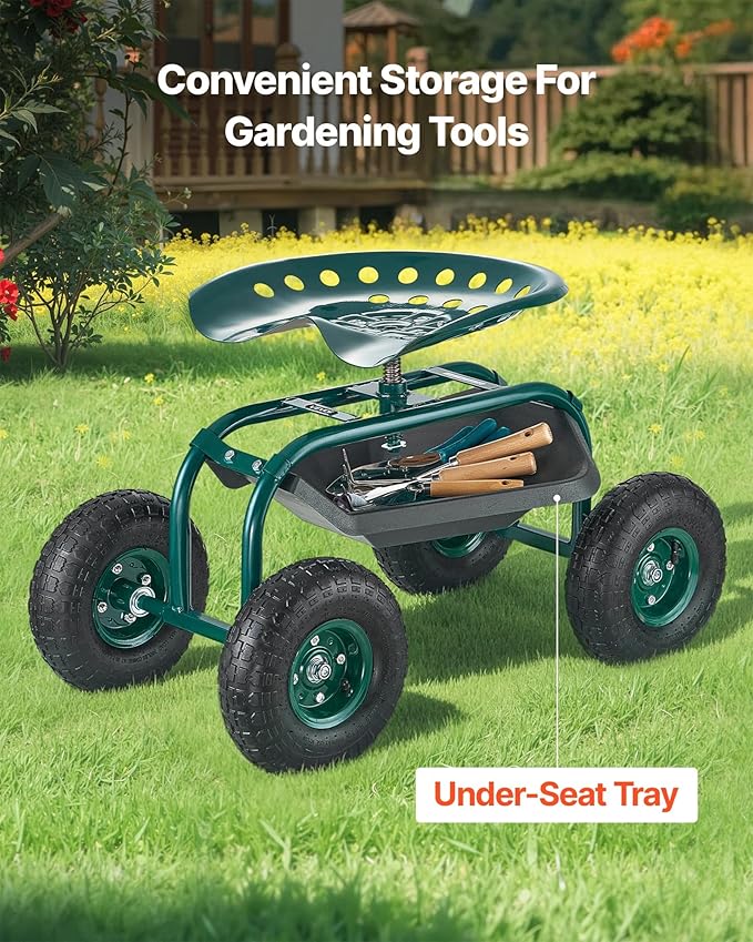 VEVOR Rolling Garden Cart with Swivel Seat Heavy Duty Garden Seat with Storage Basket &amp Tool Tray 300 lbs Weight Capacity Outdoor Utility Gardening Stool Scooter for Lawn Yard Planting Weeding