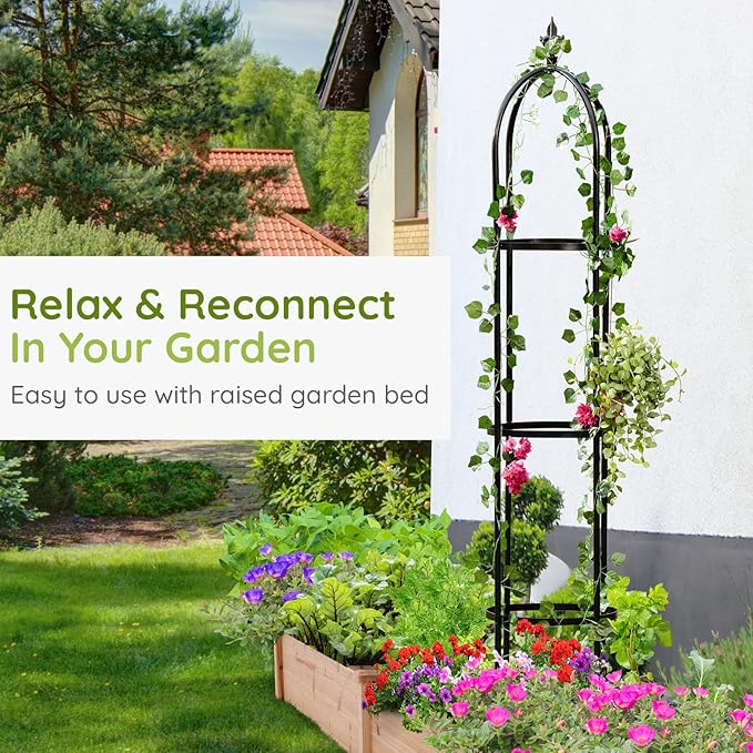 Idzo 100% Metal Obelisk Trellis for Climbing Plants Outdoor 6ft - 72in Heavy Duty Black Garden Trellis for Climbing Vine with Stone-Look Finish 1pc