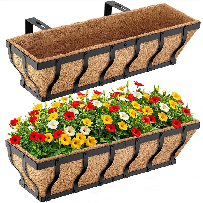 Railing Planter Boxes Heavy Duty Window Box Planters Adjustable Balcony Planters for Railing Hanging with Coco Liner &amp Support Rod for Deck Porch and Patio Gardening (2 Pack 24 Inch)
