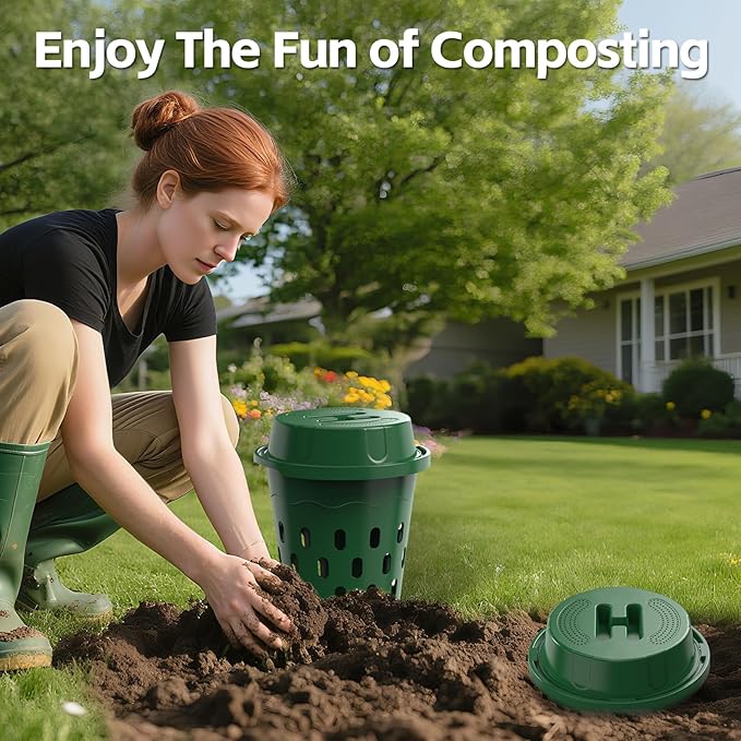 2-Pack Inground Worm Composter 8L Outdoor Worm Farm Worm Compost Bin for Garden Beds &amp Home Use Vermicomposting Bin for Recycling Food Waste (9.5x9.5x10.8Inch) Green
