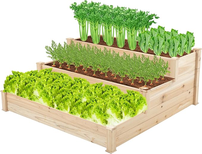 3 Tier Wooden Raised Garden BedTiered Outdoor Elevated Flower BoxHorticulture Open-Bottom Planter Raised Garden BedVegetables Growing Planter for Backyard Patio Gardener Wood Color