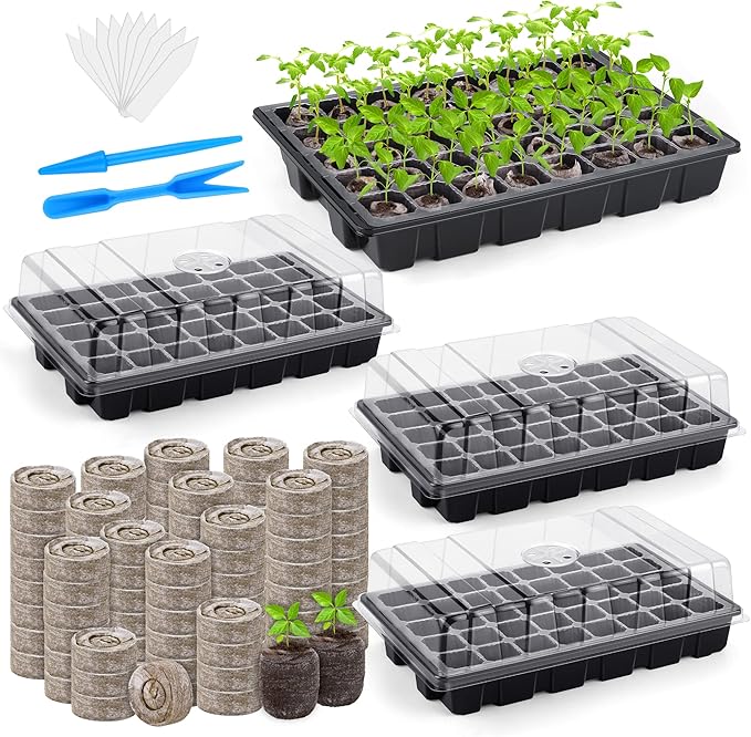 3 Pack Seed Starter Tray Kit 120-Cells Germination Starter Tray with Humidity Dome and Base Including 120 Peat Pellets Plant Labels Tool Plastic Plant Growing Tray for Garden Planting Black