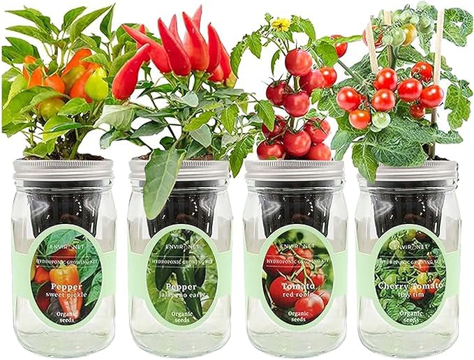 Hydroponic Herb Growing Kit Set Self-Watering Mason Jar Herb Garden Starter Kit Indoor Grow 4 Kinds of Herbs from Seeds (2 Tomato &amp 2 Pepper)