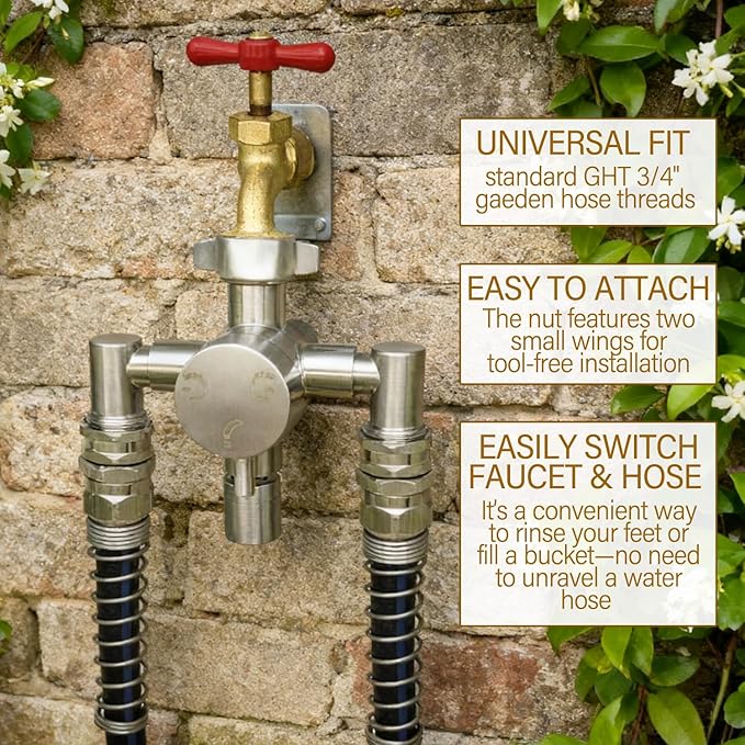 G-Sunny Stainless Steel Multi-Function Outdoor Faucet with Dual Garden Hose Adapter Heavy Duty Outdoor Water Splitter with Extra Tap for Hand Washing Bucket Filling (Dual Hose)