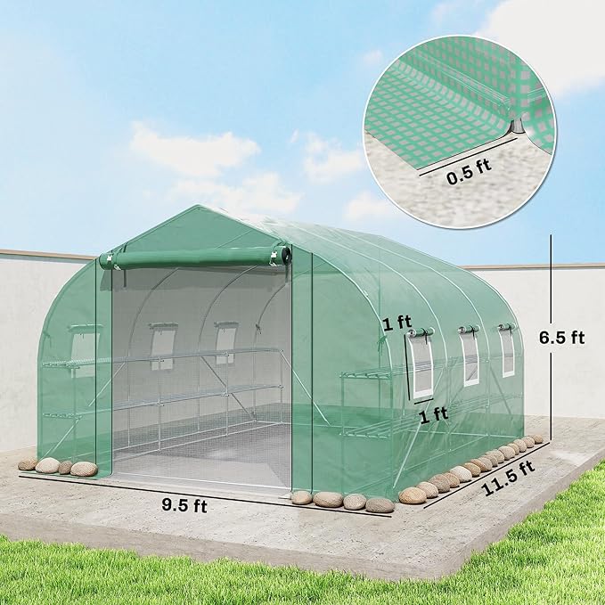 Outsunny 10'x11'x6' Walk-in Tunnel Greenhouse with Shelves Mesh Door and Windows Plant Hot House with PE Cover Outdoor Green House for Patio Lawn Garden Green