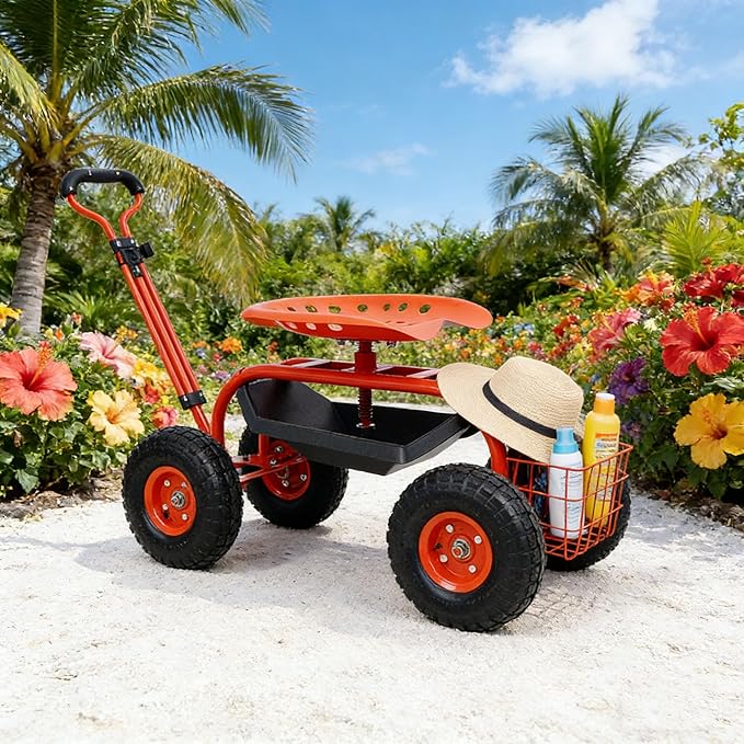 Garden Seat with Wheels Rolling Gardening Stool with 360° Swivel Seat for Seniors Rolling Trolley Stools with Steering Handle &amp Utility Tray for Backyard Lawn Outdoors