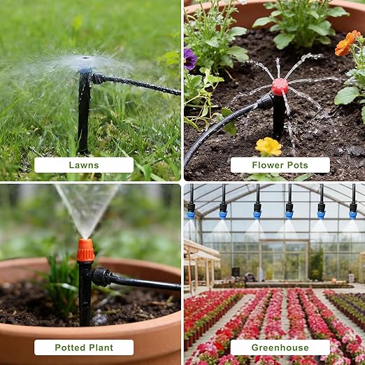 230FT Drip Irrigation System for Garden with 40 Nozzles &amp Emitters Garden Watering System with 1/2 &amp 1/4 Tube Adjustable Sprinklers Kit for Greenhouse Lawn Flower Beds Raised Bed