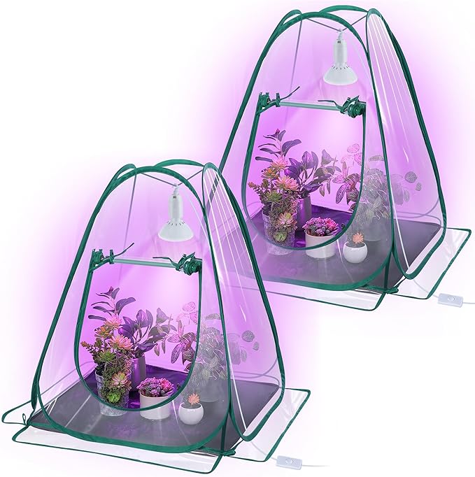 Meonum 2 Pack Mini Greenhouse with 10W 200 LED Grow Light Bulbs for Indoor 27 x 27 x 30 Pop Up Small Greenhouse Cover with Bottom Waterproof Bottom Mat for Indoor Outdoor Plants Seed Starting
