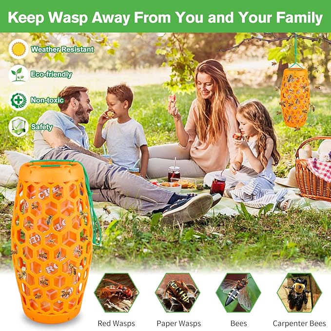Wasp Trap Bee Catcher - Outdoor Hanging Carpenter Bee Traps with 4 Sticky Boards 2 Pack (Orange)