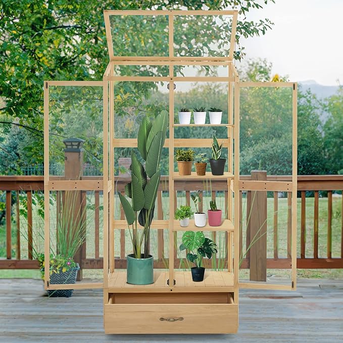 Macrout Cold Frame Greenhouse Tall Wooden Greenhouse for Outdoor Indoor Use with Polycarbonate Panels 3 Tier Garden Cold Frame with Drawer and Shelves 0864 (Natural)