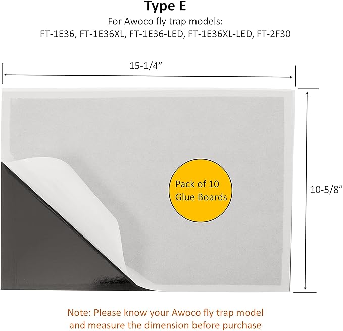 Awoco Pack of 10 Replacement Sticky Type E Glue Boards for Awoco Wall Mount Sticky Fly Trap Lamp Model FT-1E36 - Fits for Other Brands (10 Pcs Type E)