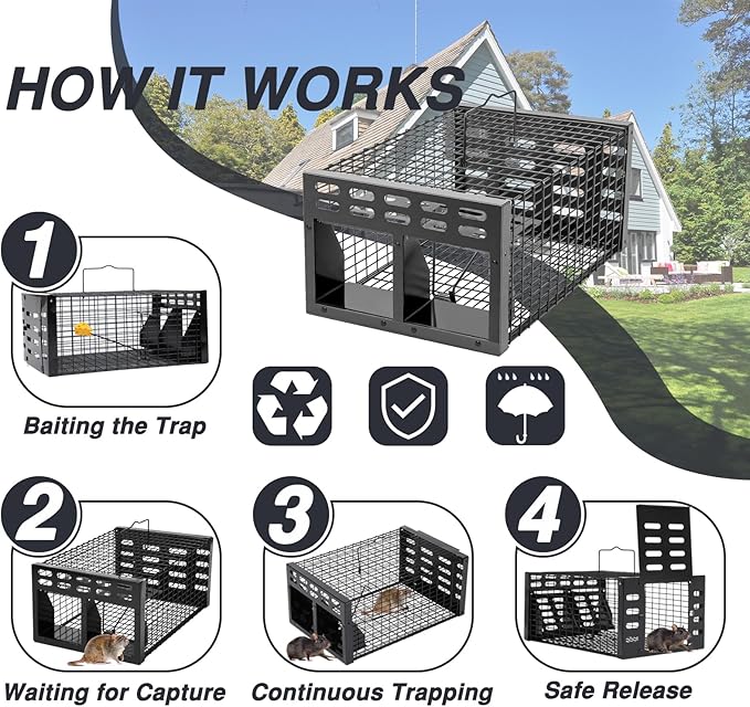 Rat Trap Humane Live Rat Trap &amp Automatic Reset Mouse Traps with Dual One-Way Door Design –Catch and Release for Mice Chipmunks Hamsters and Other Rodents Indoors &amp Outdoors(2PCS Black)