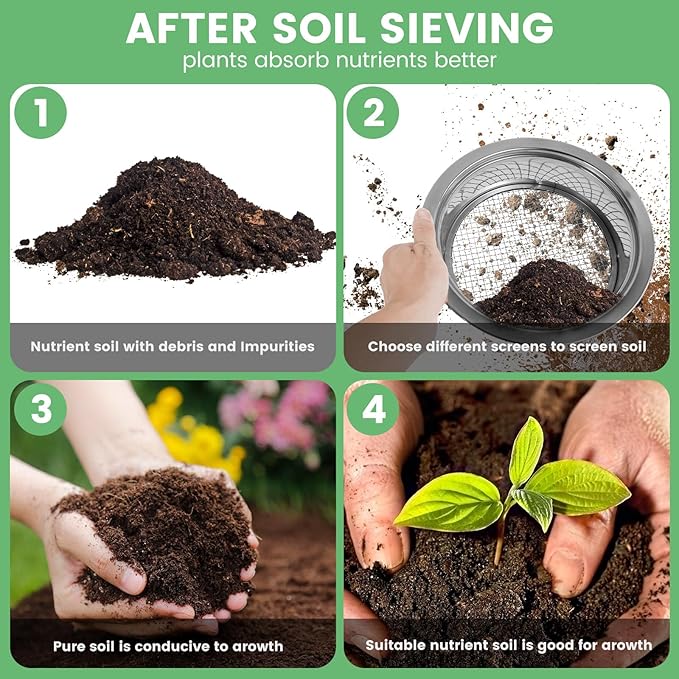 Soil Sifter Garden Sieve Soil Sieve Garden Soil Sifter Compost Sifter Bonsai Soil Sieve Rock Sifter Soil Sifter Fine Screens Shovel Set with 5 Interchangeable Filter Mesh Sizes 1/3/6/9/12mm