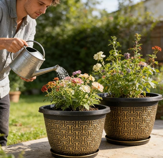 4 Pack 16 Inch PlanterLarge Plastic Flower Pots Outdoor Indoor with Drainage Holes &amp Trays Retro Antique Imitation Decorative Garden Plant Pots Outdoor for Houseplants