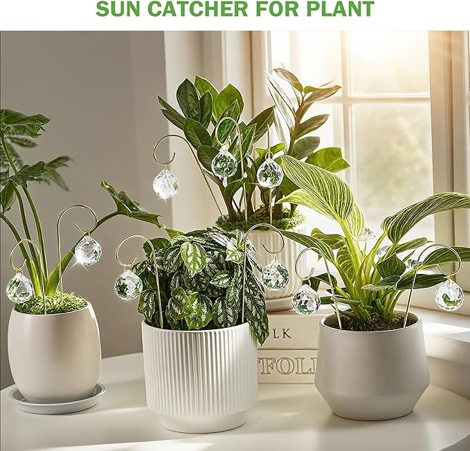 13 Pack Small Golden Trellis for Potted Plants Indoor Garden Decorations (Crystal Ball Prisms &amp Blown Glass Butterfly)