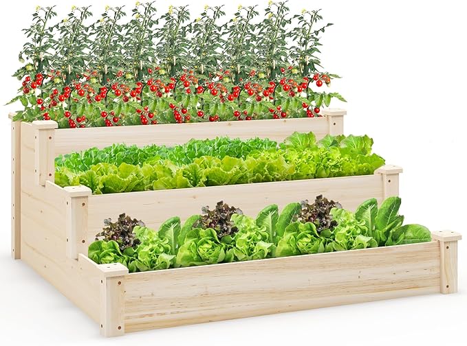 3-Tier Raised Garden Beds Outdoor Fir Wood Raised Garden Bed Planter Box Flower Bed Wooden Planter Kit for Gardening Vegetable &amp Herb