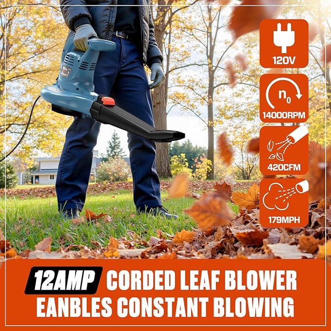 SENIX 12 AMP Leaf Blower 3-in-1 Handheld Electric Leaf Blower Vacuum and Mulcher 420 CFM 179 MPH AirflowCorded Blowers with Reusable Collection Bag (BLVE12-M)