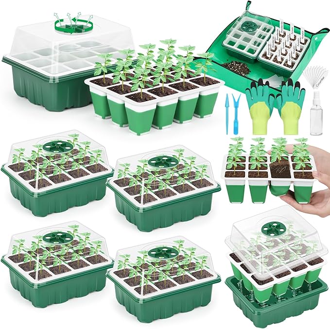 Reusable Silicone Seed Starter Tray 60 Cells Seed Starter Kit with Humidity Adjustable Dome and Lid Plant Germination Trays with Repotting Mat 5 Packs Germination Kit for Seeds Grow Starting