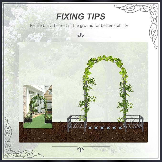 6.7' Steel Garden Arch with Scrollwork Hearts Planter Boxes for Climbing Vines Ceremony Weddings Party Backyard Lawn Dark Gray YG741