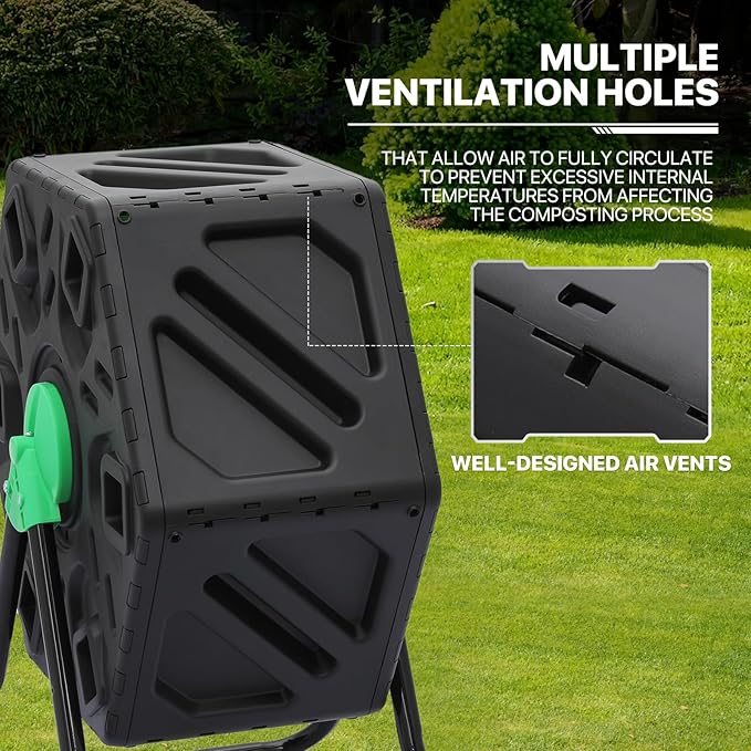 MoNiBloom 17 Gallon Single Compost Tumbler BPA Free Outdoor Light Weight Compost Bin w/Sliding Door All-Season Fast Working Rotating Chamber Composters for Garden Patio