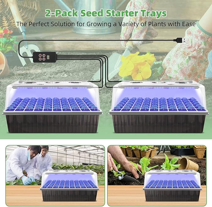 Seed Starter Tray with Grow Light 2 Pack 120 Cells Seedling Tray Kit with 3-in-1 Soil Moisture Meter Indoor Seedling Starter Tray for Plant Germination Seeds Growing