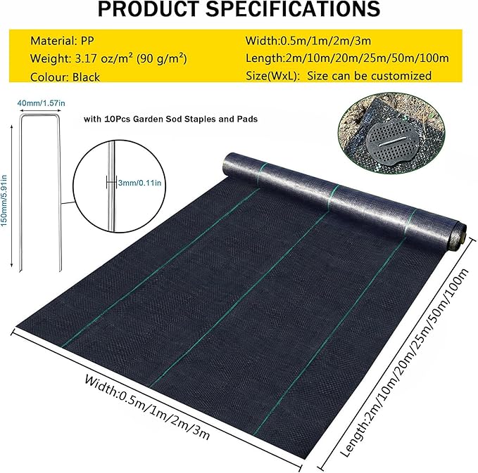 Weed Barrier Landscape Fabric Heavy Duty Soil Erosion Control Ground Cover Weeds Block Gardening Mat 90g/m²for Outdoor Gardenwith Garden Pegs and Buffer Washer (Battery *1 : 2X20m)