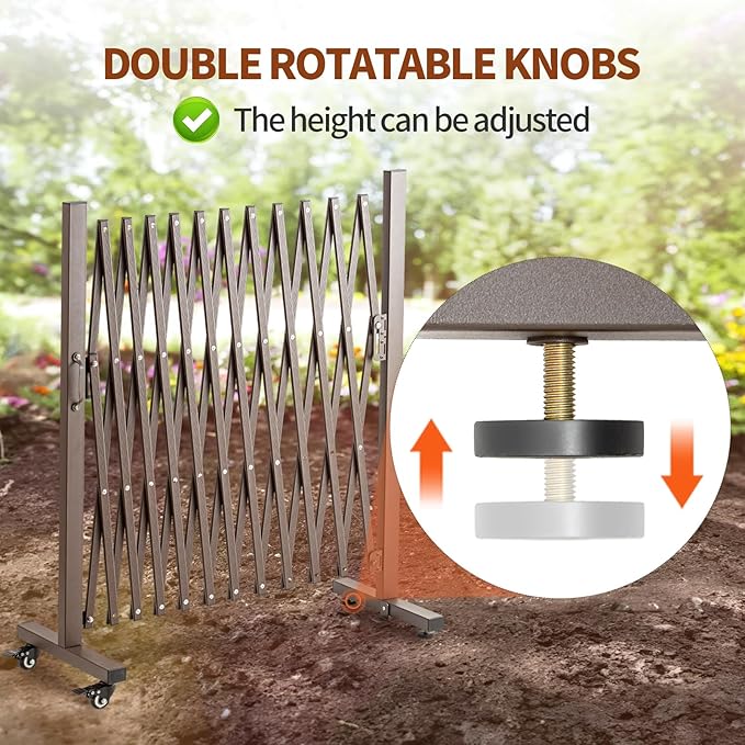 TECSPACE Aluminum Expandable Garden Fence Portable Barricade Gate with Casters Adjustable Retractable Fence Mobile Barricade Safety Barrier (Brown 130×15×41 inch)