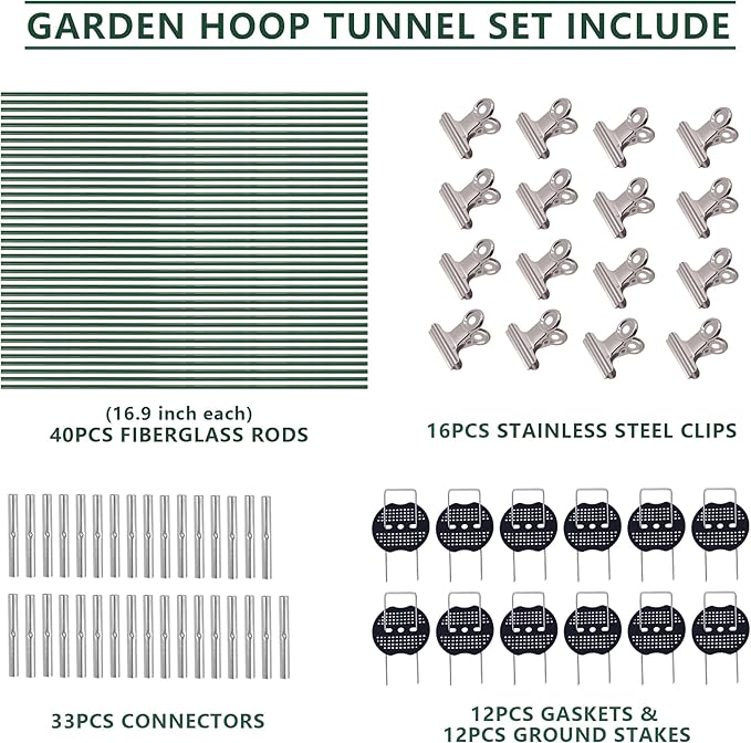 Garden Hoops Kit for Raised Beds 40pcs Fiberglass Greenhouse Hoops Row Cover Hoops for Insect Netting Frost Cover Shade Cloth with Ground Stakes Clips