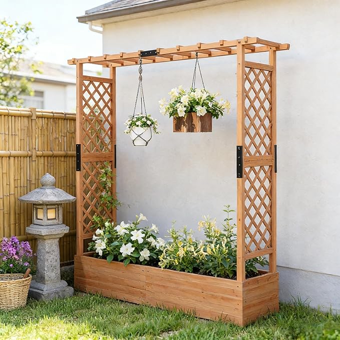 Vertical Space Saving Trellis Planter Box - All-in-One Fir Wood Design with Drainage Grows Climbing Roses Cucumbers &amp More in Small Areas