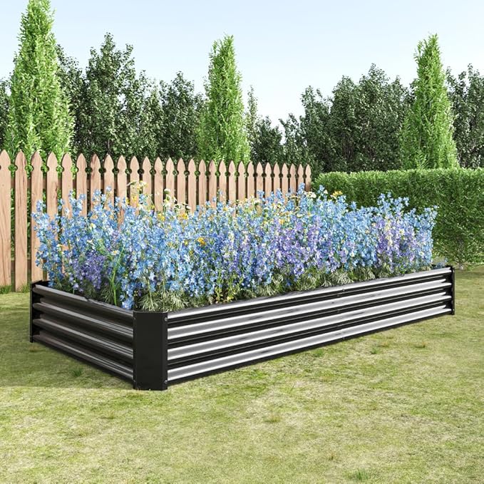 Metal Raised Garden Bed for Outdoor Use 6 ft x 3 ft x 1 ft Rectangle Planter Box for Vegetables Flowers and Herbs - Silver (Black with 8x4x1ft)