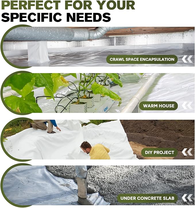 White Crawl Space Vapor Barrier 10 Mil Vapor Barrier 12' x 12' Heavy Duty Polyethylene Film Thick Plastic Sheeting Plastic Drop Cloth Covering for Crawlspace Basement White