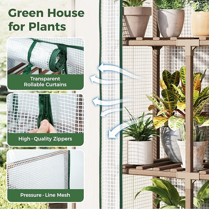 Bamworld 5-Tierd Outdoor Greenhouse 22 L×16 W×81 H Portable Green House with PE Cover Garden and Backyards Plant Shelves with Sturdy Eucalyptus Frame Roof Plant Stand Flower Pot Stand Display Rack