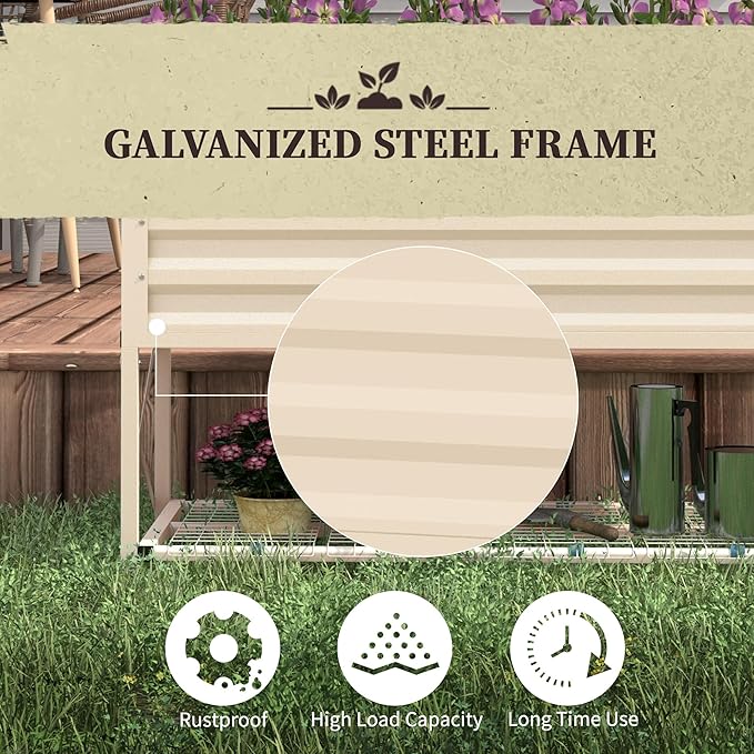 Raised Garden Bed with Galvanized Steel Frame Storage Shelf and Bed Liner Elevated Planter Box with Legs for Vegetables Flowers Herbs Cream
