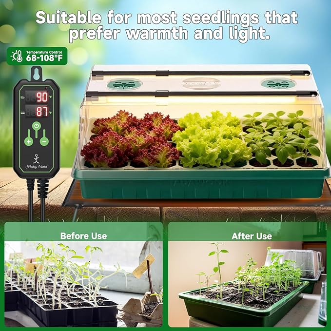 Seed Starter Tray with Grow Light and Thermostat Controller Heat Mat 10x 20.75 Heat Mats for Plant Growing68-113°F AdjustableColor Change Grow LightsGermination Trays Kits (Green 60 Cells)
