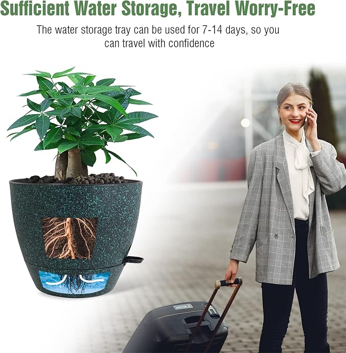 12 inch Large Self Watering Pots Plastic Planters with 60oZ Removable Deep Reservoir and Multi Mesh Drainage Holes for Indoor Outdoor Garden Plants and Flowers Black with Green Speckles