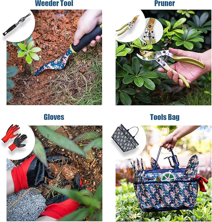 Garden Tool Set 25Pcs Heavy Duty Floral Garden Tools Aluminum Rust-Proof Gardening Kit with Garden Shovel Trowel Pruner Gloves Ideal Gardening Gift