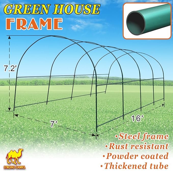 Strong Camel Greenhouse Replacement Frame for 16' X 7' X 7' Larger Hot Garden House  Support Arch Frame Climbing Plants/Flowers/Vegetables (16' X 7' X 7')