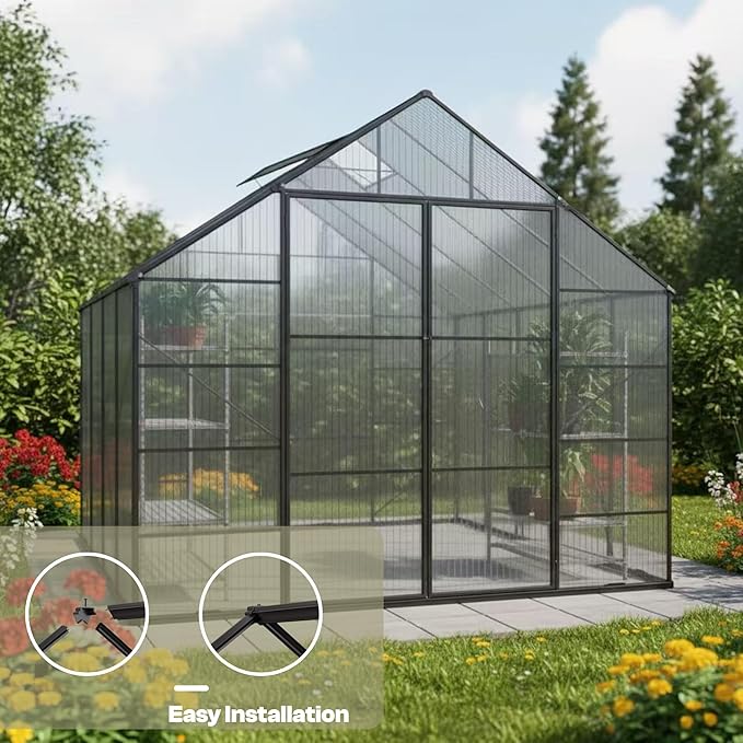 Kingdura 10x10ft Walk-in Greenhouse for Outdoors Large Polycarbonate Greenhouses with Heavy Duty Aluminum Frame Adjustable Roof Vent Lockable Door UV Protection for Outside Garden Backyard