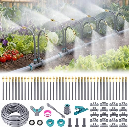 66 FT Drip Irrigation System - Double-Head 360° Adjustable Garden Watering System with 40 Spray Nozzles Garden Atomizing Misting System &amp Irrigation System for Garden Greenhouse Yard Lawn Pla