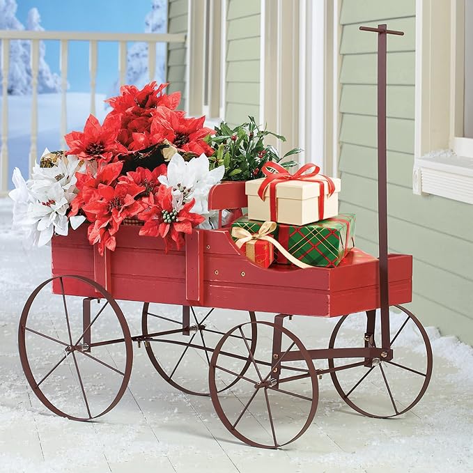 Collections Etc Amish Wagon Decorative Indoor/Outdoor Garden Backyard Planter Red