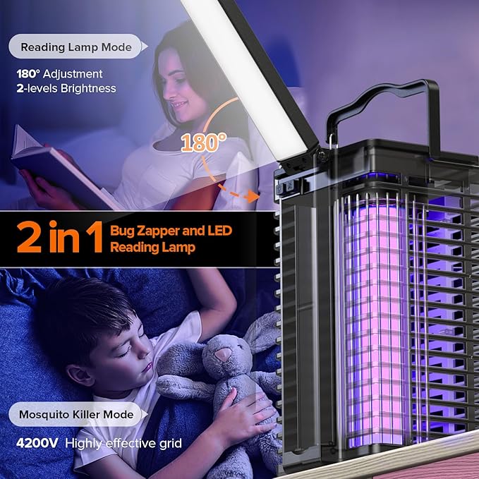 Bug Zapper Outdoor Indoor 4200V Electric Mosquito Zapper with LED Reading Lamp Rechargeable Fly Zapper Waterproof Insect Trap for Home Backyard Garden Patio Camping Black