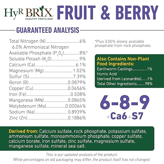 HyR BRIX Slow-Release 6-8-9 Fruit &amp Berry Fertilizer 5lb Bucket - Plant Food with Calcium &amp Sulfur - Essential Micronutrients for Better-Tasting Fruit &amp Higher Yields