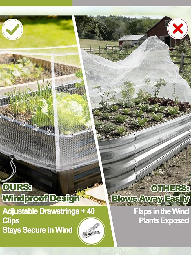 2 pcs Windproof Garden Netting for Raised Beds (4ft L x 2ft W x 1ft H) - 60 Mesh Bird Netting Garden Bed Cover with Drawstring &amp 40 Clips for Vegetables Flowers Excluding Hoops or Frames