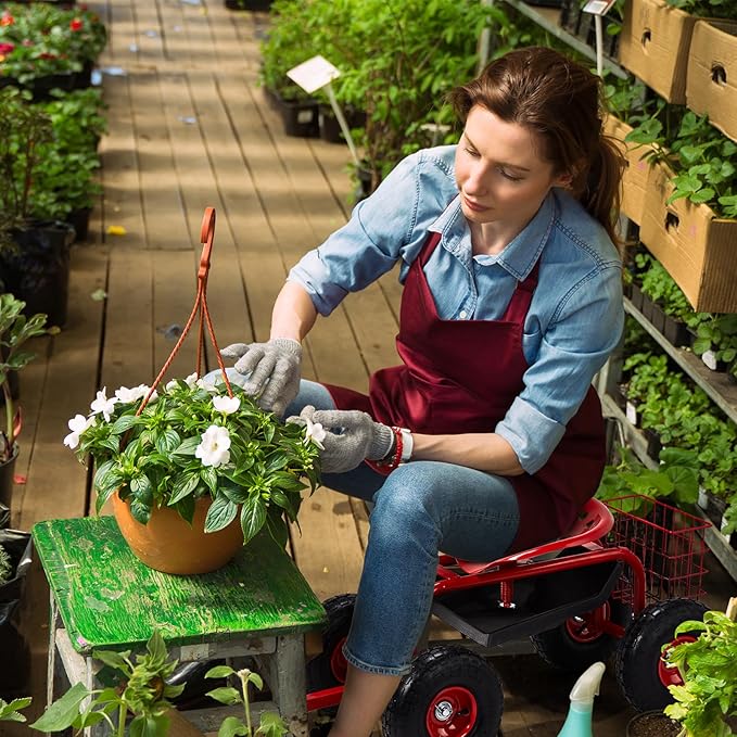 VINGLI Rolling Garden Seat with Wheels Heavy-Duty Steel Cart for Yard Work and Planting Best Gardening Tools with 360-Degree Swivel Red