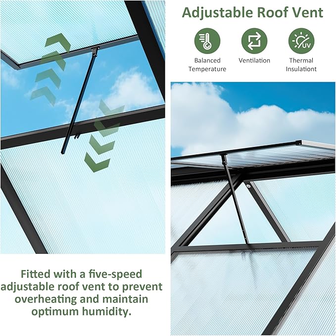 6×7.5 FT Outdoor Polycarbonate Greenhouse Quick Setup Heavy Duty Greenhouse for Outside with Roof Vent Large Walk in Green Houses with Lock for Garden Backyard Black