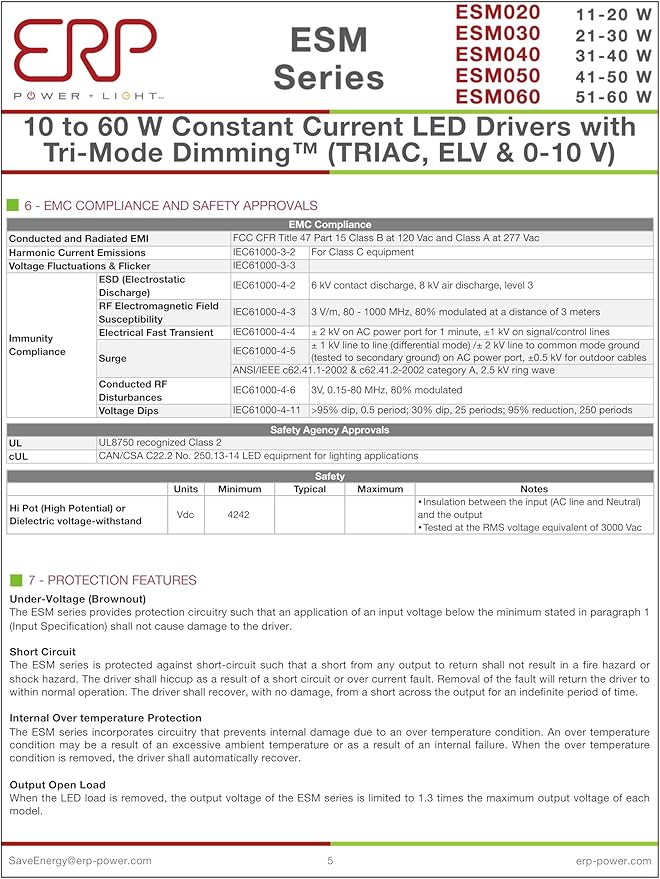 ERP ESM050W-1050-42 Constant Current LED Driver - 50W 1050mA | Universal 120-277V Input | Bottom Exit Leads with Studs
