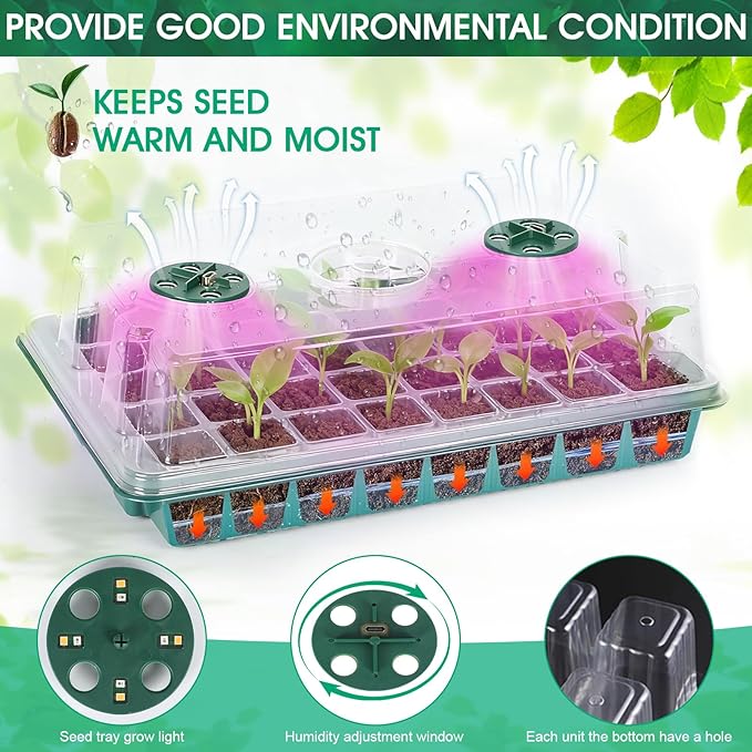2 Pack Seed Starter Kit with Full Spectrum Grow Light 80 Cells thickened Seed Starter Tray with Humidity Dome 4 Time Setting Adjustable Brightness and Vent Germination Tray for Indoor Planting
